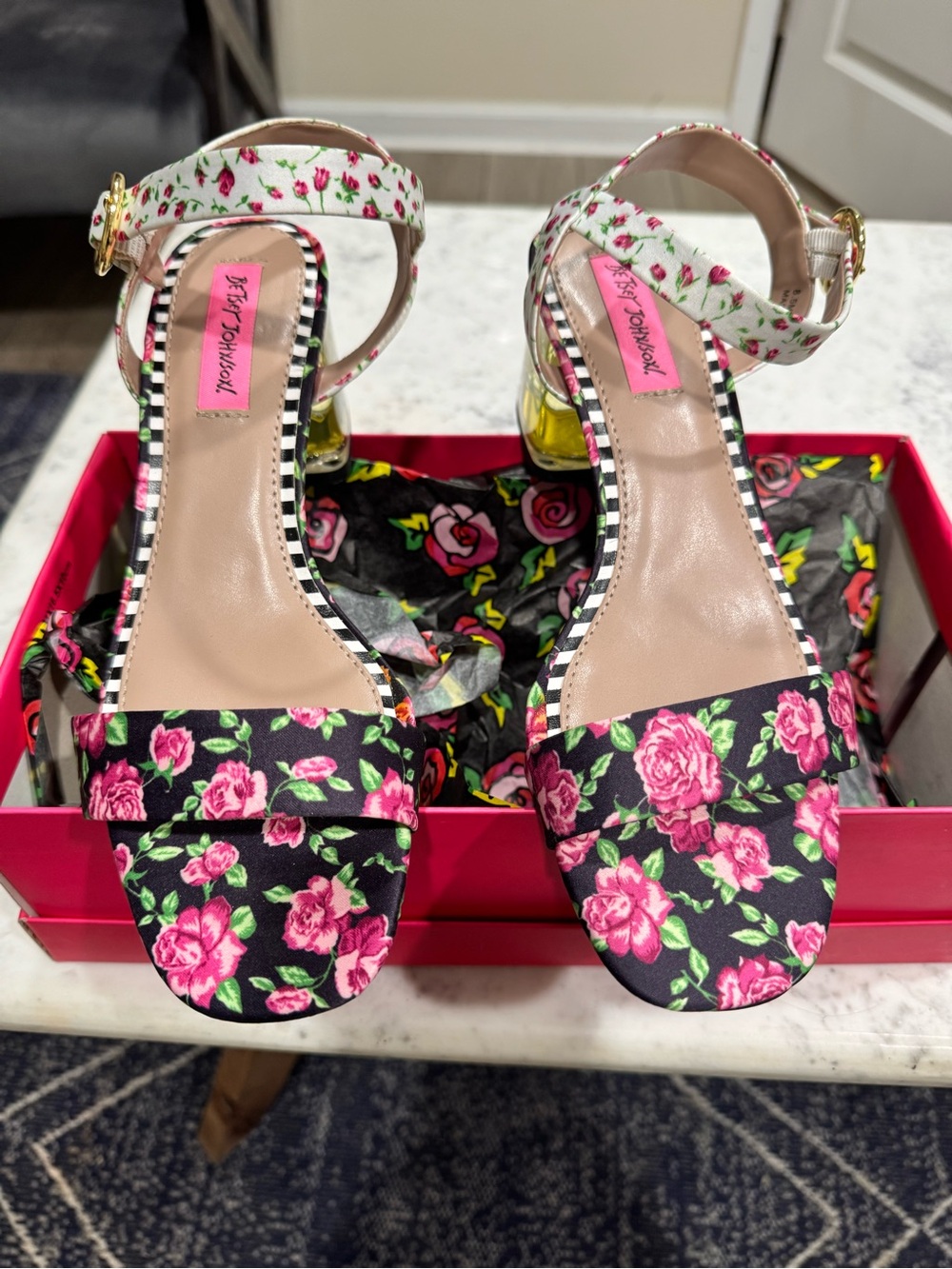 Betsey Johnson Black Floral Open-Toe Block Heels with Pink Roses